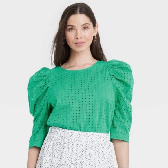 a new day Green Eyelet Puff Sleeve Blouse - Picture 1 of 4